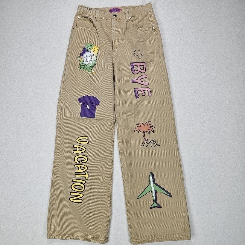 Edikted Graphic Wide Leg Jeans Tan Vacay Mode Size M